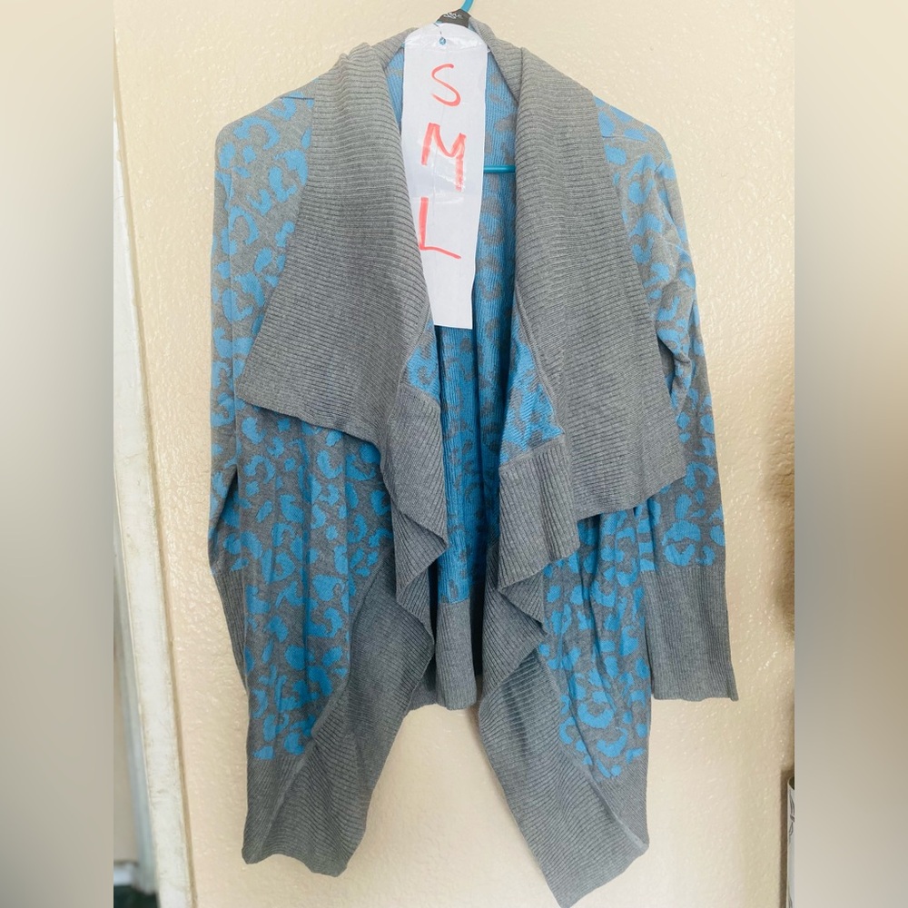 Gray and Blue Open-Front Women's Sweater Cardigan
